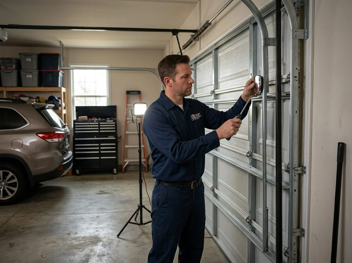 Belt-drive garage door opener installed on a residential garage ceiling track