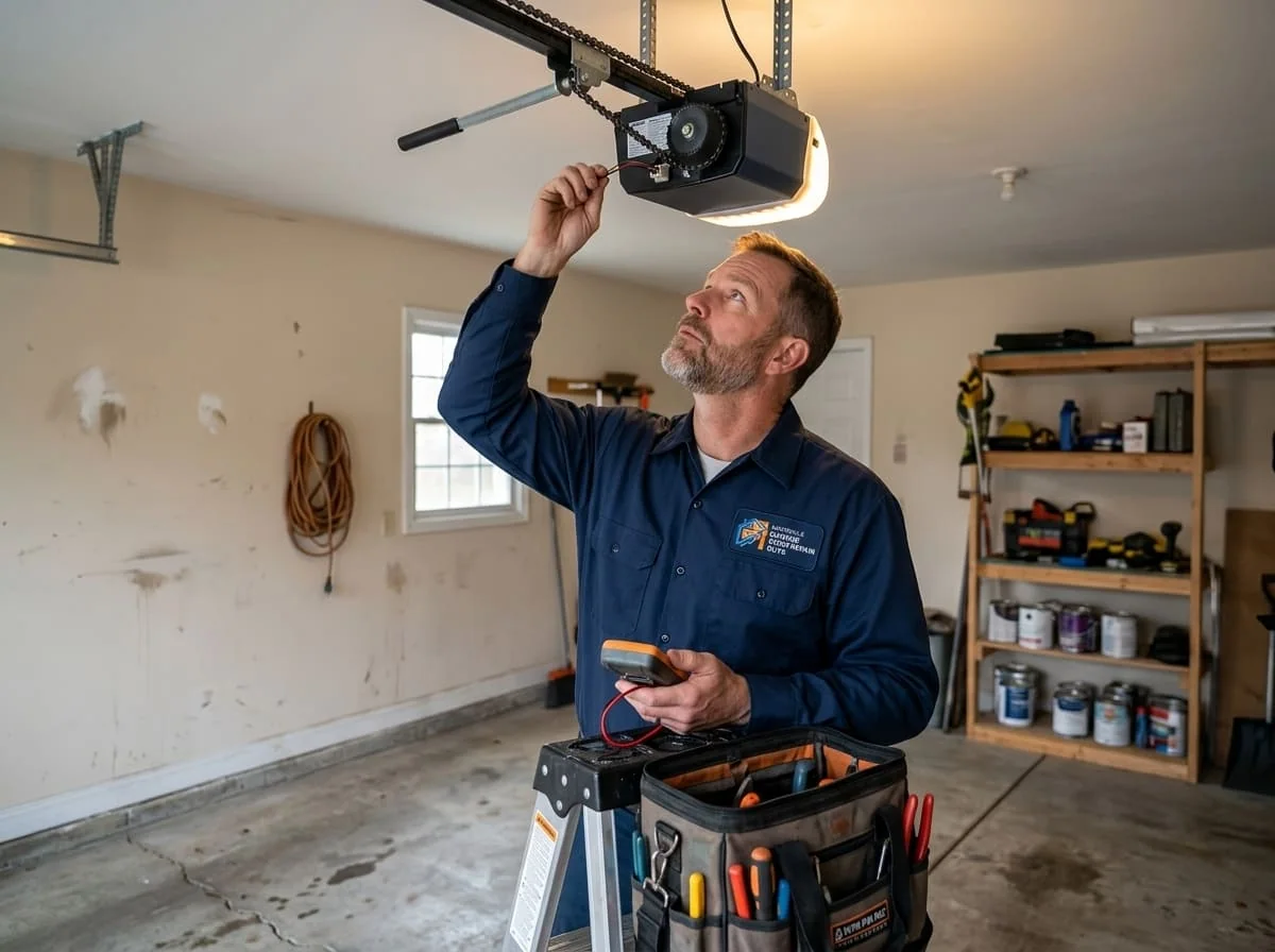 Garage Door Opener Repair in Naperville, IL Technician repairing a garage door opener motor unit in a Naperville, IL garage