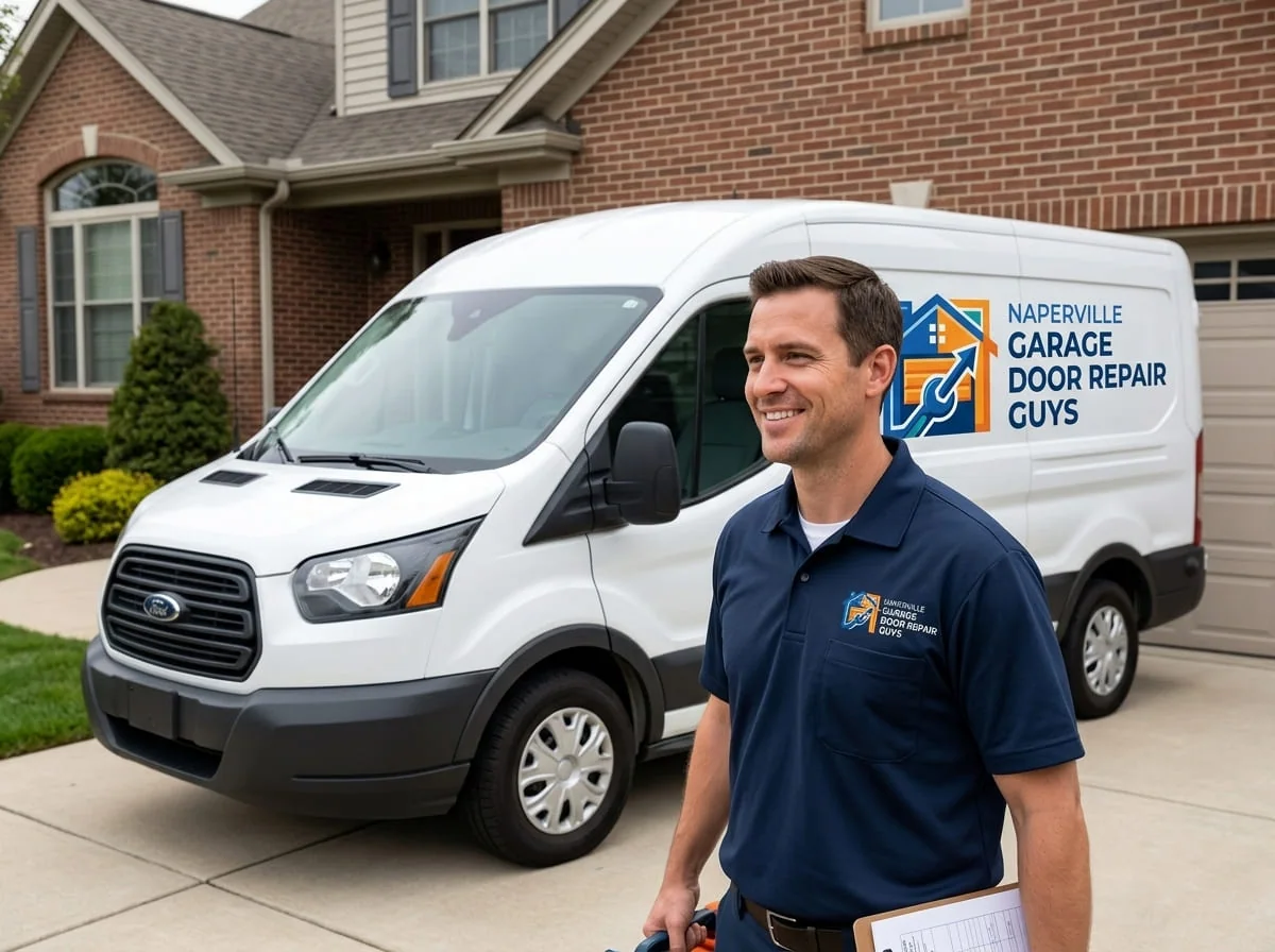 Garage Door Repair in Ashbury, Naperville, IL Technician repairing a garage door torsion spring on a home in the Ashbury neighborhood of Naperville, IL