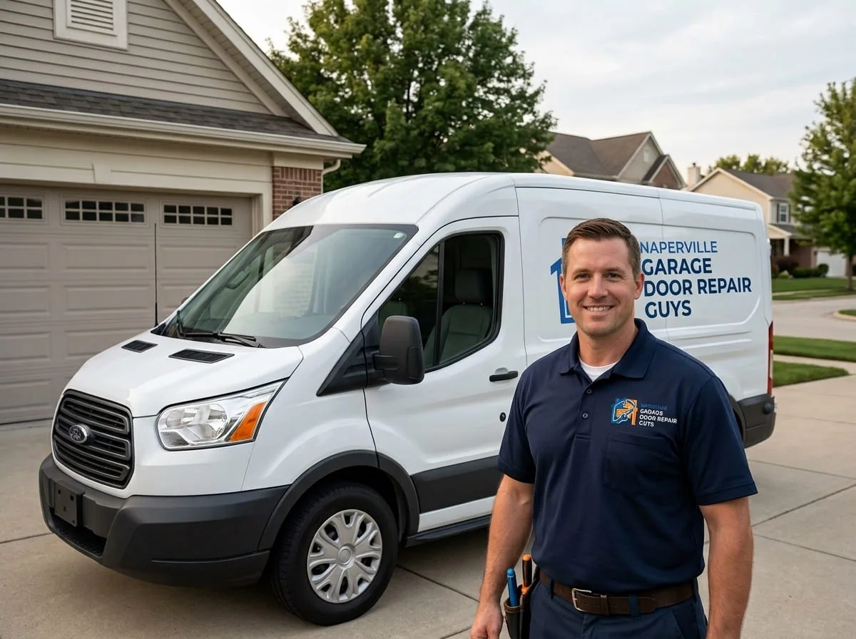 Garage Door Repair in Ashwood Park, Naperville Technician repairing a garage door torsion spring on a home in Ashwood Park, Naperville, IL
