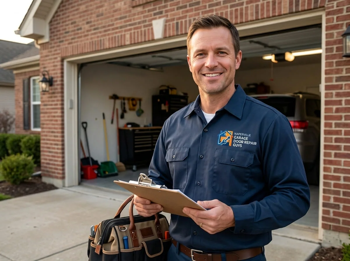 Garage Door Repair in Naperville, IL Technician repairing a residential garage door torsion spring system in Naperville, IL