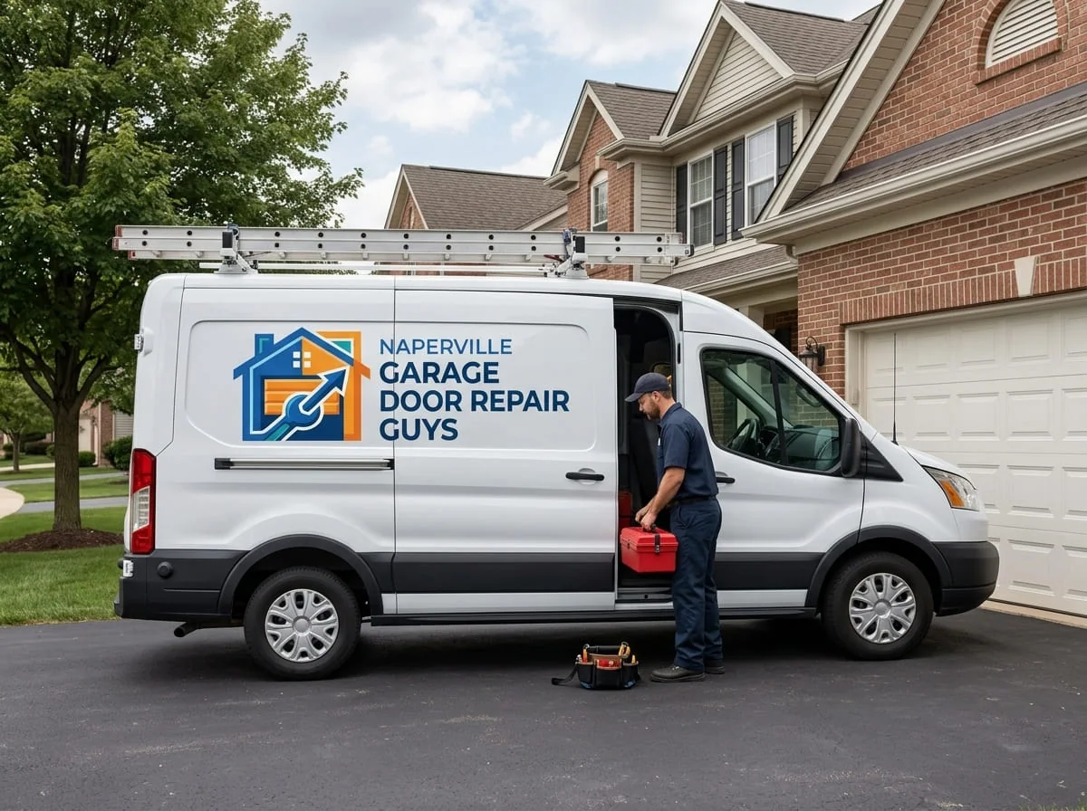 Garage Door Repair Near the Fox River, Oswego Technician inspecting a garage door track on a home near the Fox River in Oswego, IL