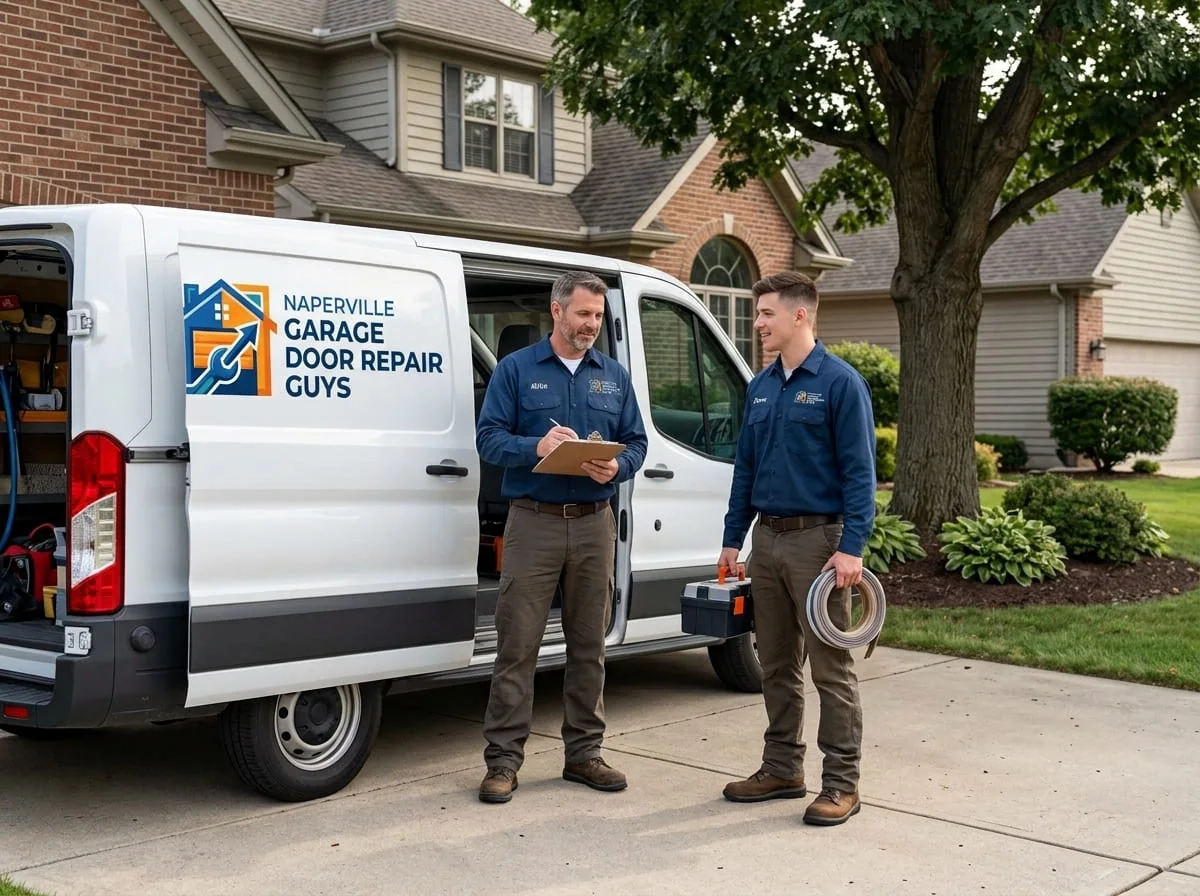 Garage Door Repair in Wheaton, Illinois Technician repairing a garage door torsion spring on a home in Wheaton, IL