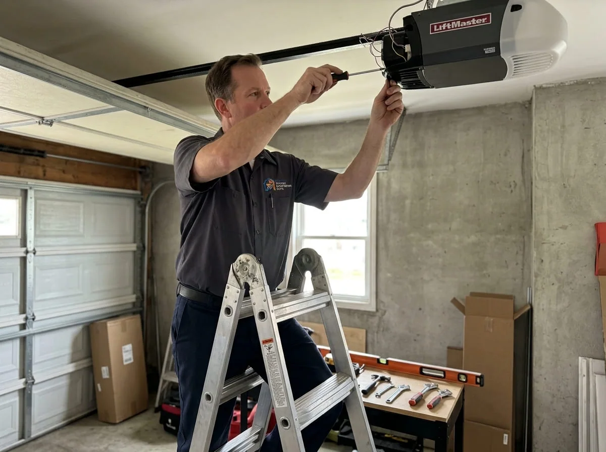 Technician using winding bars to replace a garage door torsion spring in Naperville, IL