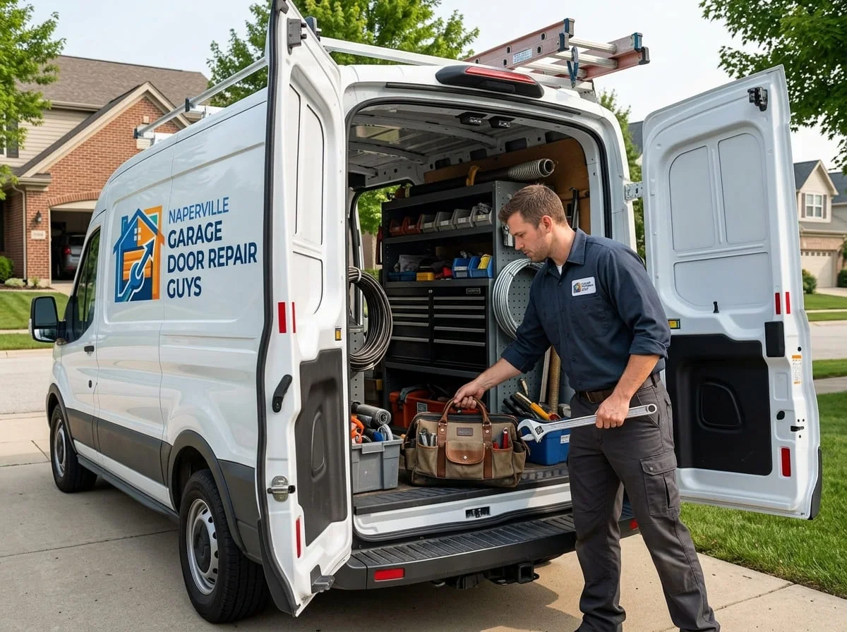 Garage door repair technician with tool bag working on a residential garage in Naperville, Illinois