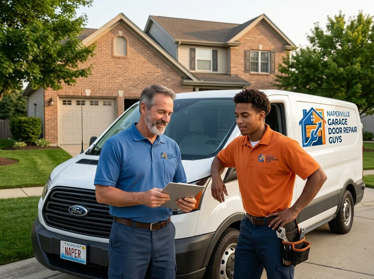 Naperville Garage Door Repair Guys service truck parked in a Wheaton, IL driveway
