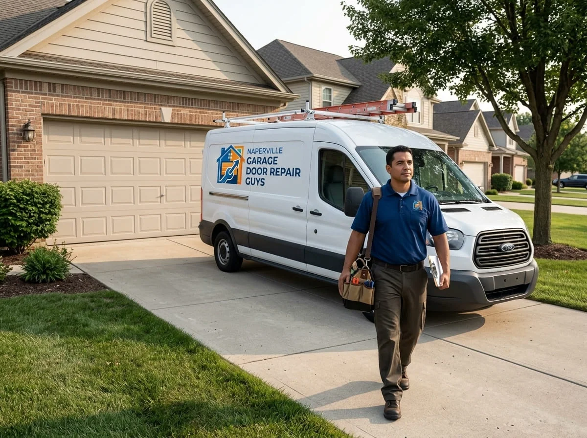 Naperville Garage Door Repair Guys technician repairing a residential garage door in Naperville, IL