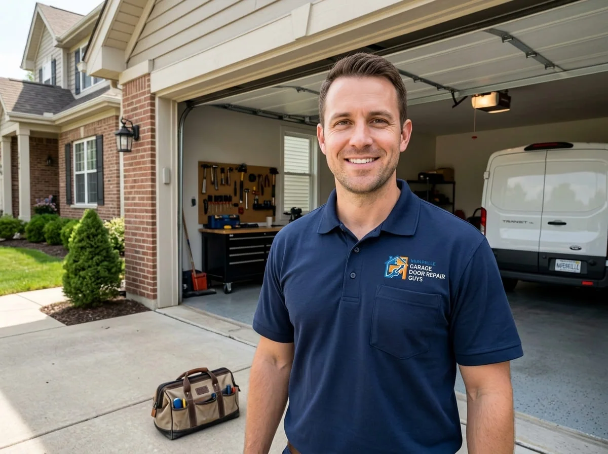 Residential Garage Door Service in Naperville, IL Technician servicing a residential garage door at a Naperville, IL home